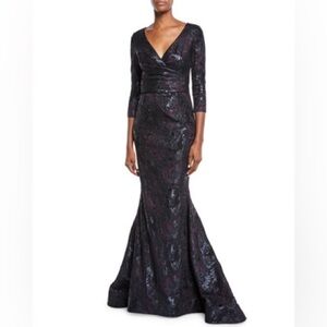 THEIA 3/4-Sleeve Super-Stretch Jacquard Mermaid Gown Dress Sz 8